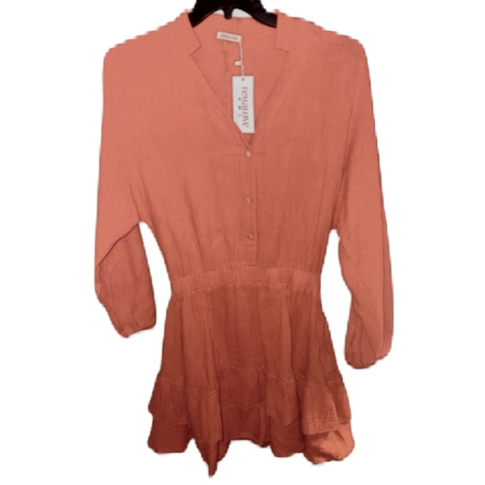 NWT Femalove Rusty Orange Ruffled Dress with Mandarin Collar Size Medium